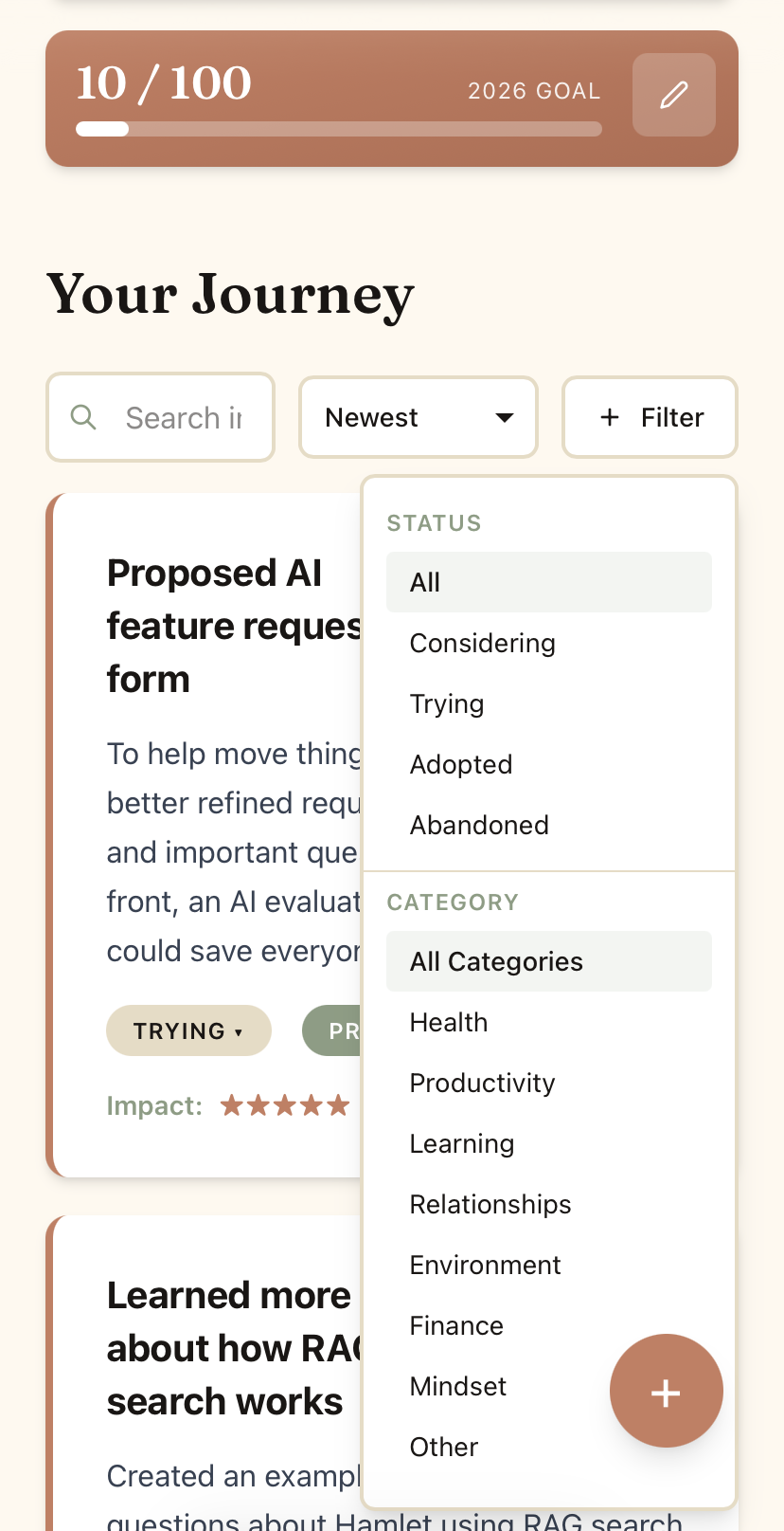 Category and status filters